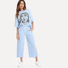 Shein Figure Print Top & Self Tie Wide Leg Pants