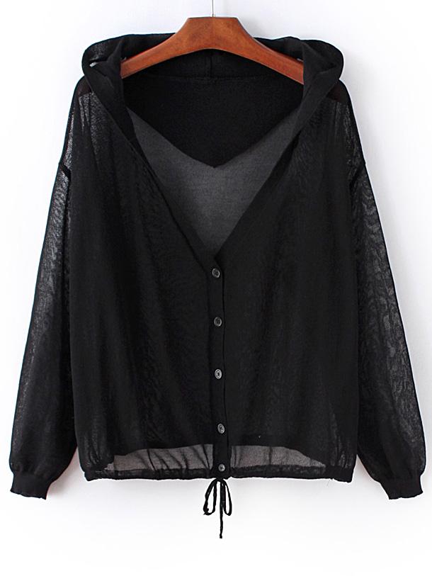 Shein Black Tie Waist Buttons Front Hooded Coat