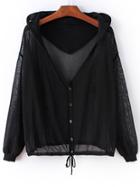 Shein Black Tie Waist Buttons Front Hooded Coat