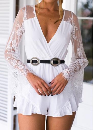 Rosewe Lace Splicing Flare Sleeve Zip Closure Romper