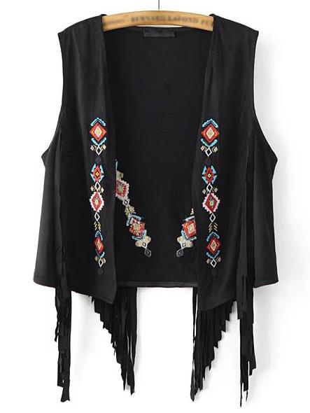 Shein Black Sleeveless Embroidery Tassel Cardigan Outerwear
