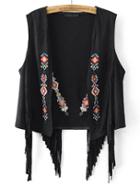 Shein Black Sleeveless Embroidery Tassel Cardigan Outerwear
