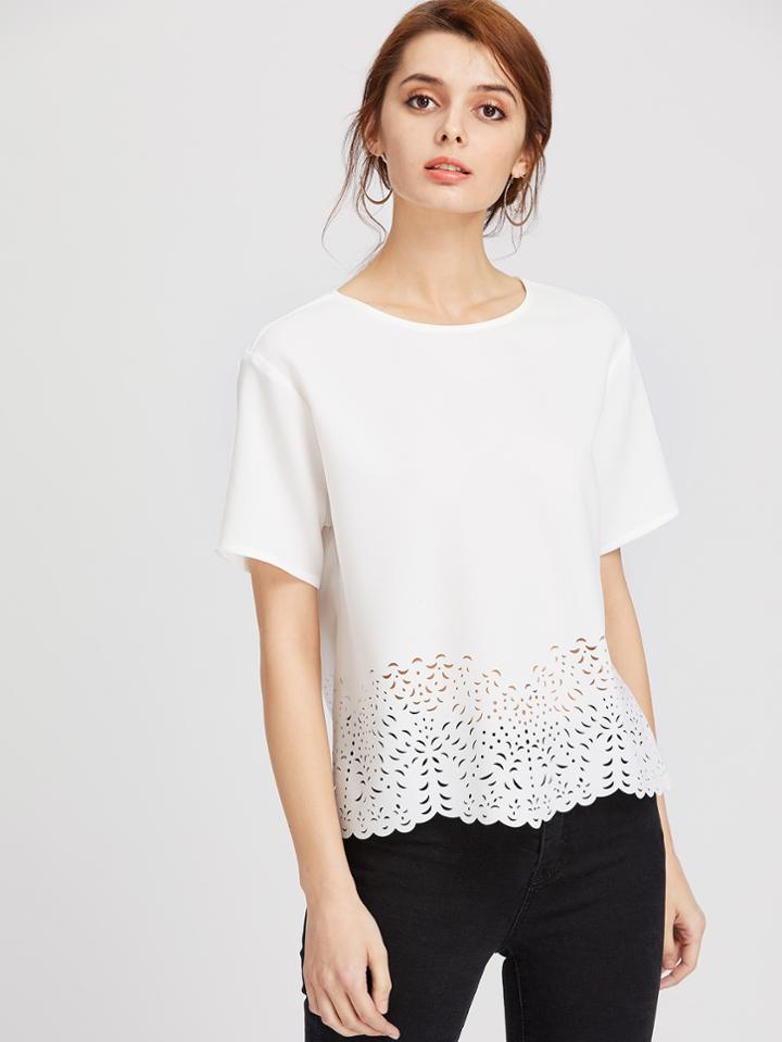 Shein Laser Cut Scallop Hem Buttoned Keyhole Back Top