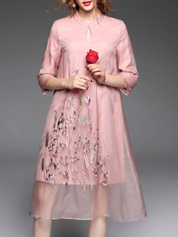 Shein Pink Hollow Organza Embroidered Shift Dress