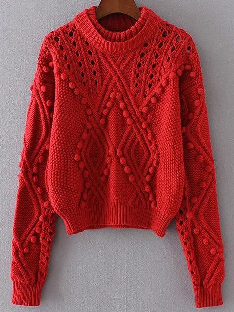 Shein Red Hollow Out Pom Pom Sweater