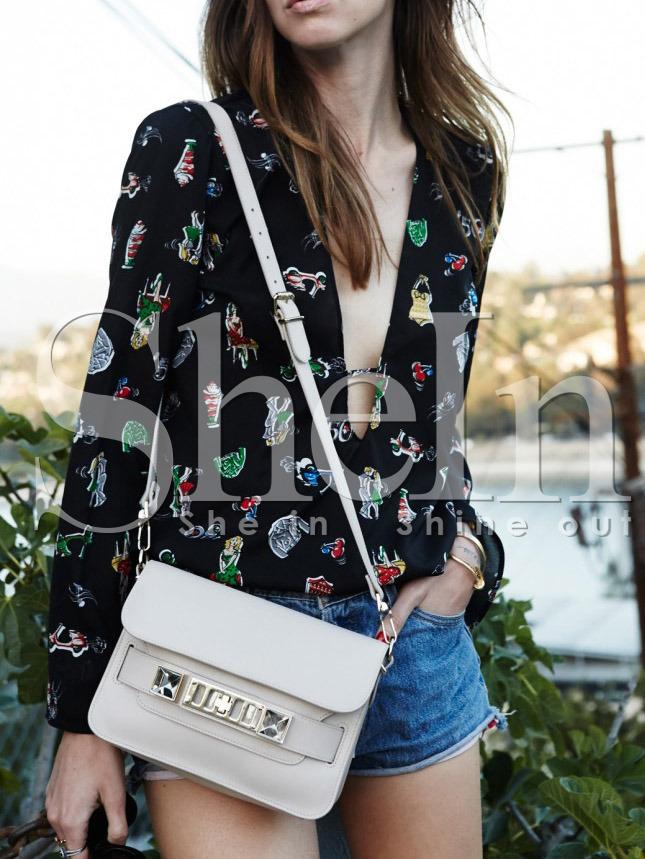 Shein Black Deep V Neck Cartoon Print Blouse