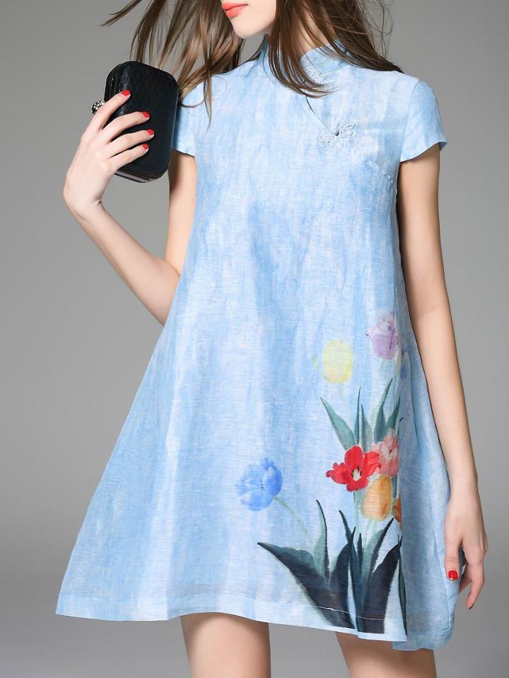 Shein Blue Collar Ink Print Shift Dress