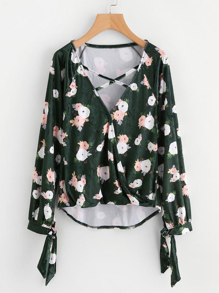 Shein Crisscross Front Tie Cuff Velvet Wrap Top
