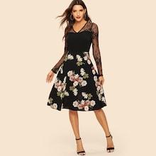 Shein Floral Lace Panel Fit And Flare Dress