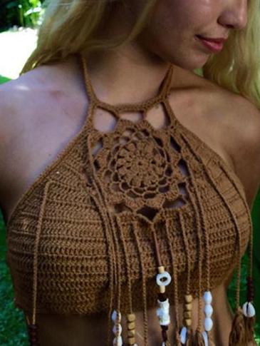 Shein Halter Crochet Fringe Beaded Coffee Bikini Top