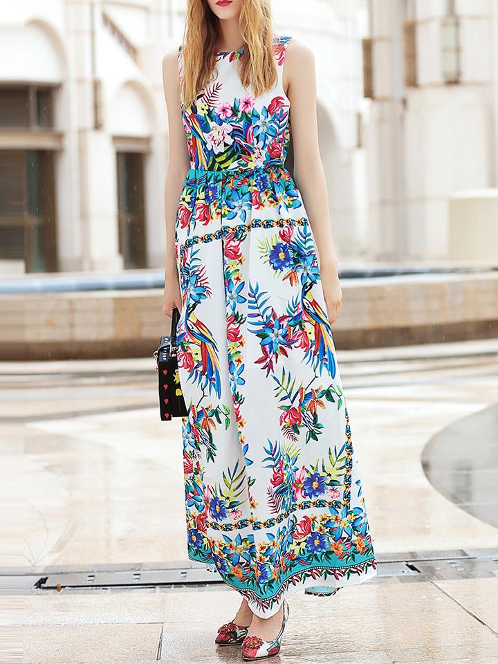 Shein White Crew Neck Floral Split Maxi Dress
