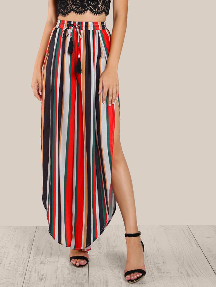 Shein Tasseled Tie Slit Striped Curved Palazzo Pants