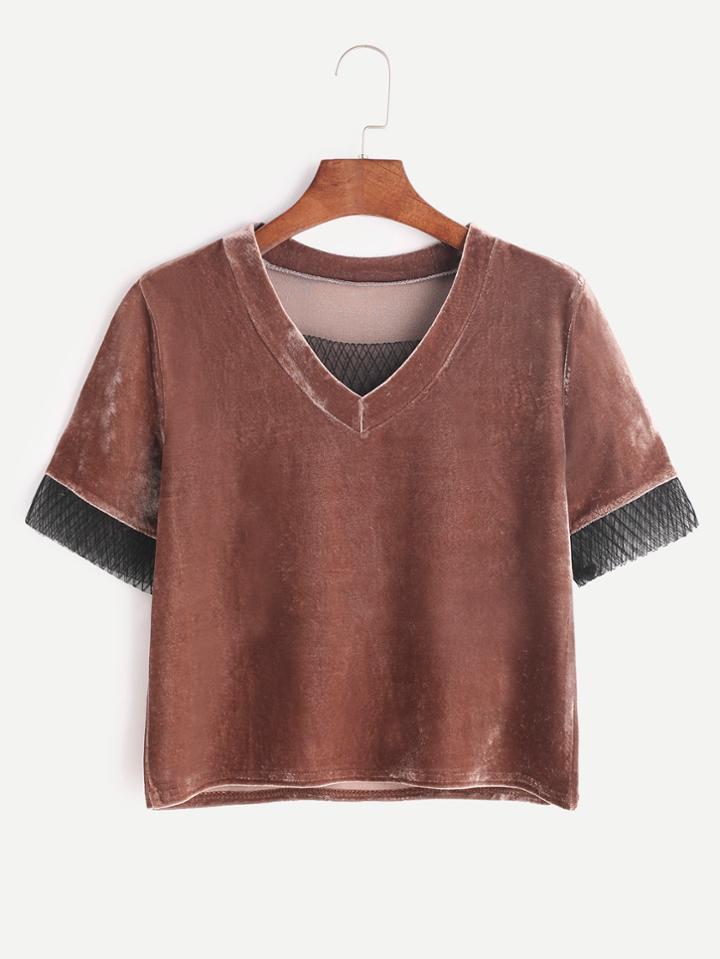 Shein Khaki V Neck Contrast Mesh Velvet T-shirt