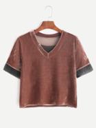 Shein Khaki V Neck Contrast Mesh Velvet T-shirt