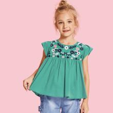 Shein Girls Botanical Embroidered Yoke Smock Top