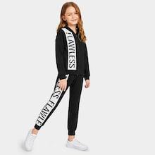 Shein Girls Letter Print Zip Up Hoodie & Sweatpants Set