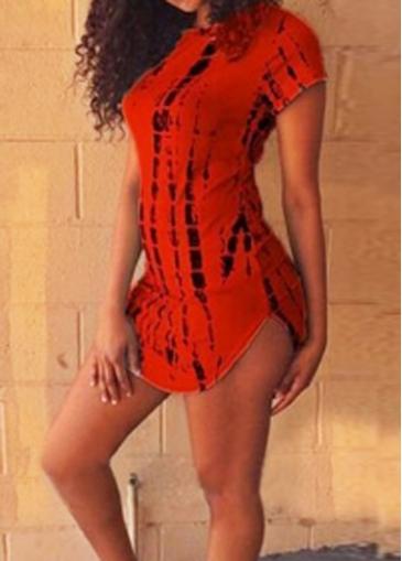 Rosewe Short Sleeve Printed Red Asymmetric Dress
