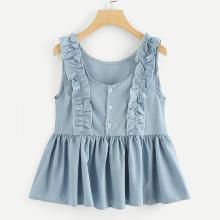 Shein Ruffle Hem Button Front Denim Top