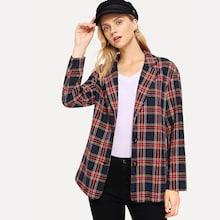 Shein Button Front Notched Neck Plaid Blazer