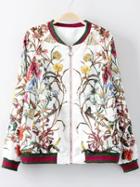 Shein White Rib-knit Cuff Printed Zipper Jacket