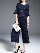 Shein Navy Bell Sleeve Fringe Top With Pleated Pants