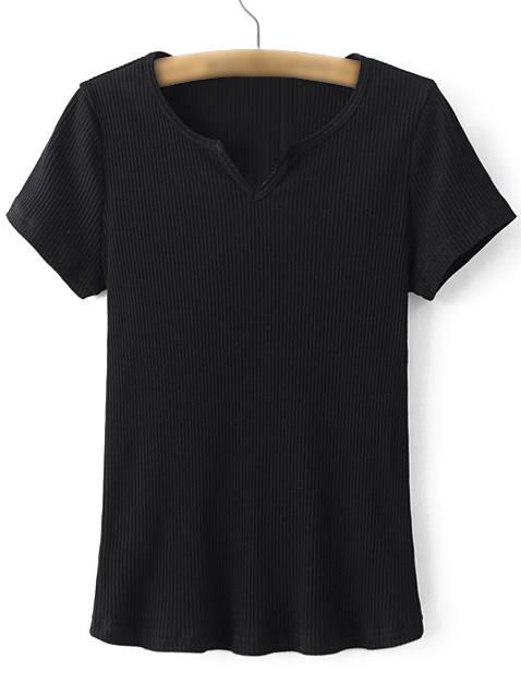 Shein Black V Neck Short Sleeve Rib T-shirt