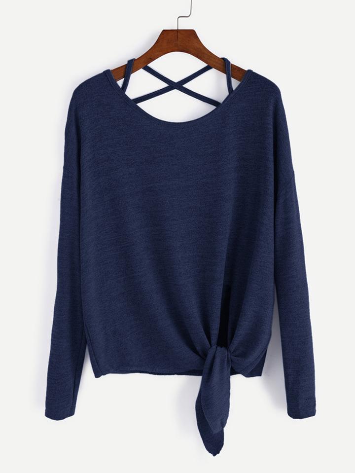 Shein Dark Blue Drop Shoulder Criss Cross Tie Front T-shirt