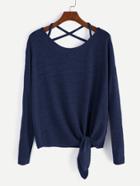 Shein Dark Blue Drop Shoulder Criss Cross Tie Front T-shirt