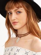 Shein Brown Feather Pendant Cord Choker Necklace