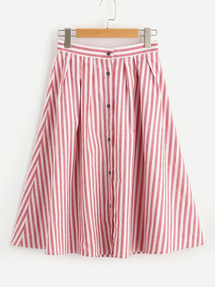 Shein Buttoned Front Pleated Striped Skirt