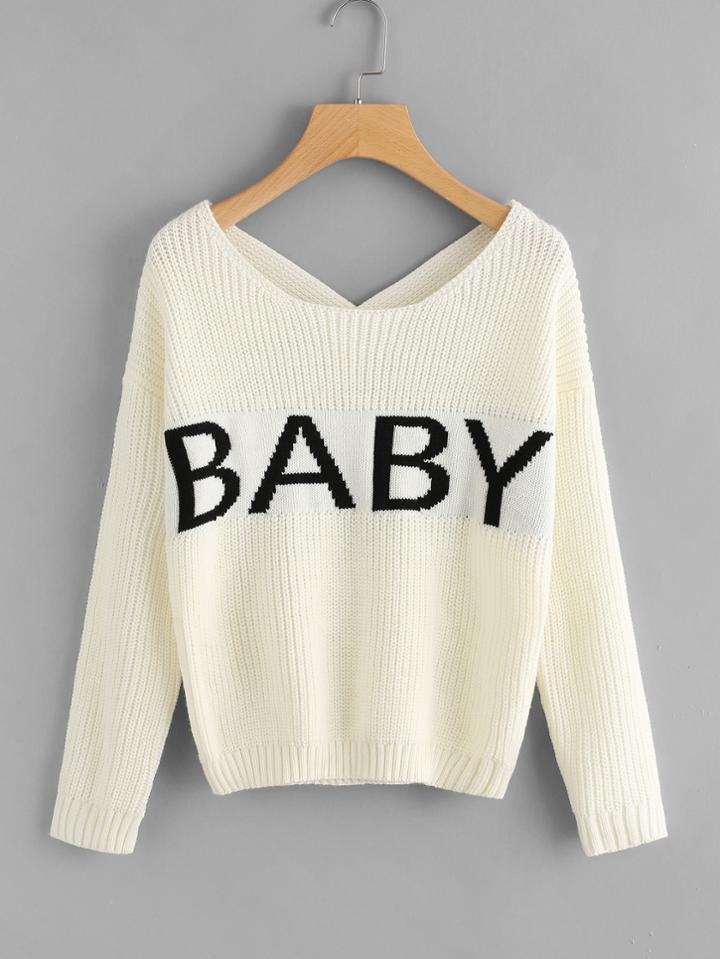 Shein Cut Out V Back Letter Embroidered Sweater