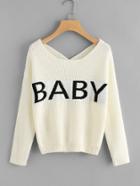 Shein Cut Out V Back Letter Embroidered Sweater