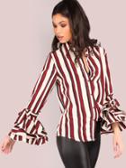 Shein Multi Stripe Button Up Bell Sleeve Top Burgundy