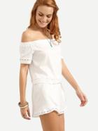 Shein Lace Trimmed Off-the-shoulder Top With Shorts - White