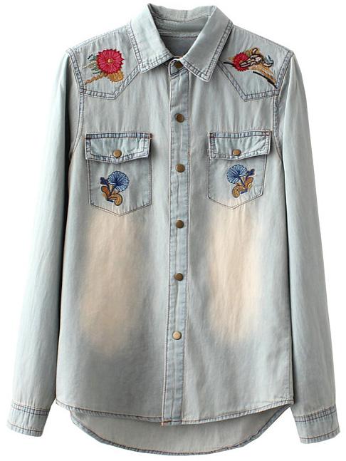 Shein Light Blue Pockets Embroidery Distressed Denim Blouse