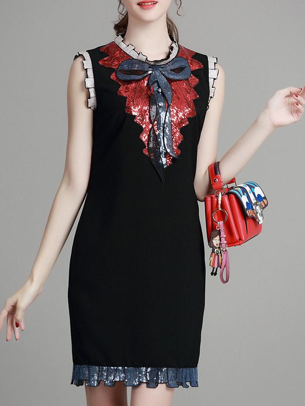 Shein Black Tie Neck Ruffle Sequined Shift Dress