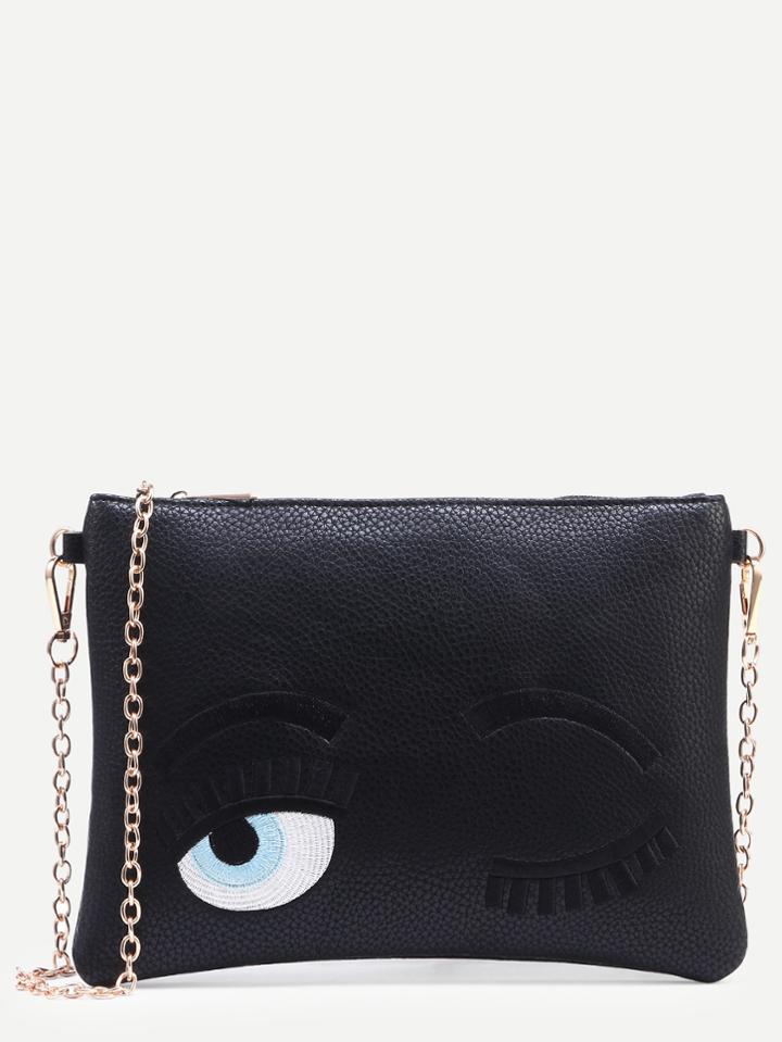 Shein Black Wink Eye Embroidered Clutch With Chain