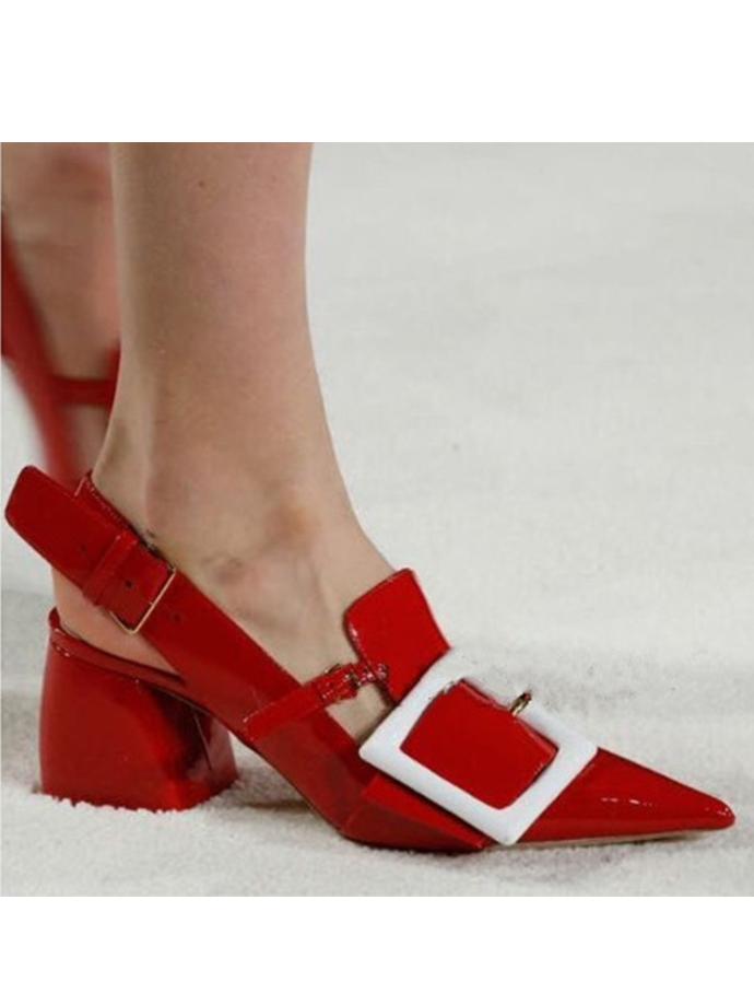 Shein Red Faux Patent Leather Rentangle Buckle Sandals