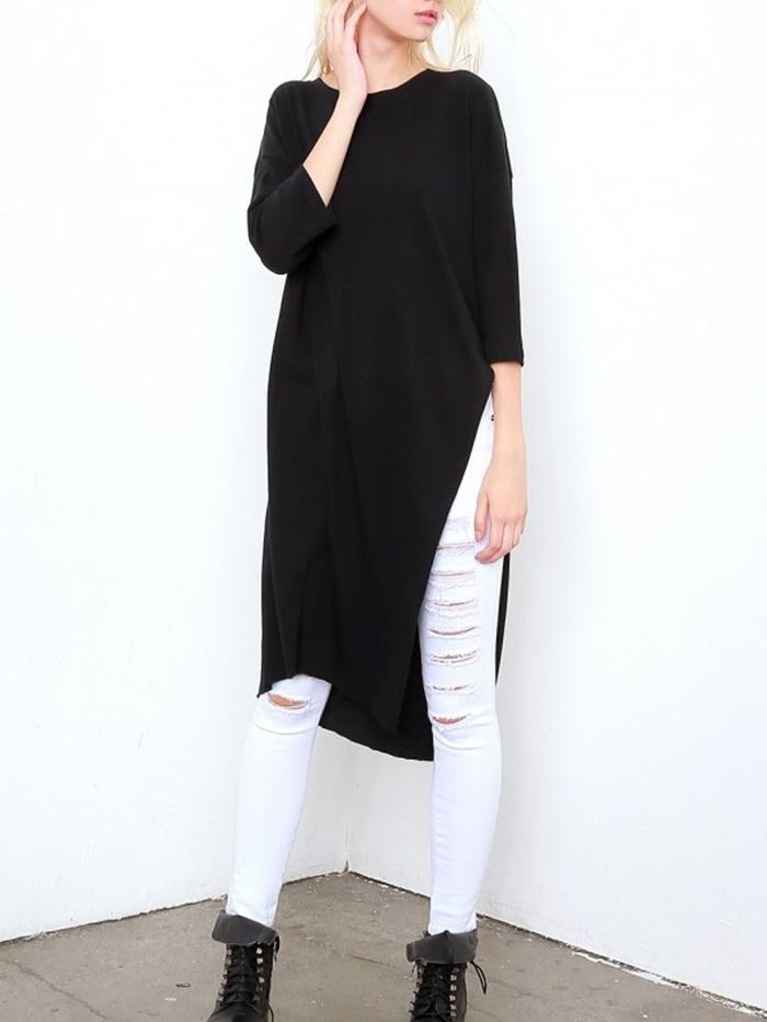 Shein Black Crew Neck Split Loose Long T-shirt