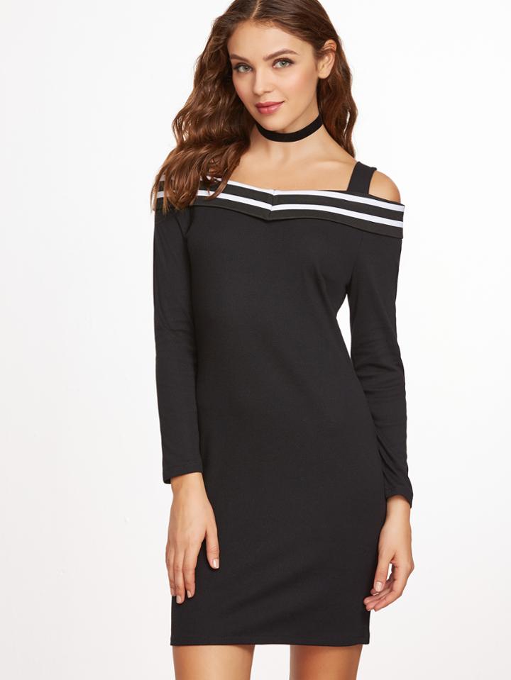 Shein Black Cold Shoulder Striped Trim Sheath Dress