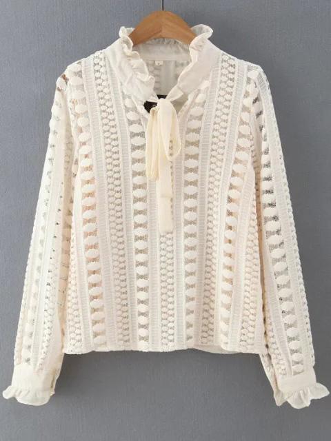 Shein Beige Ruffle Trim Lace Crochet Blouse With Tie