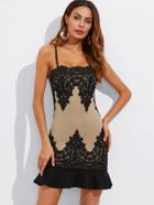 Shein Crochet Patched Mesh Embellished Ruffle Hem Fitting Dress