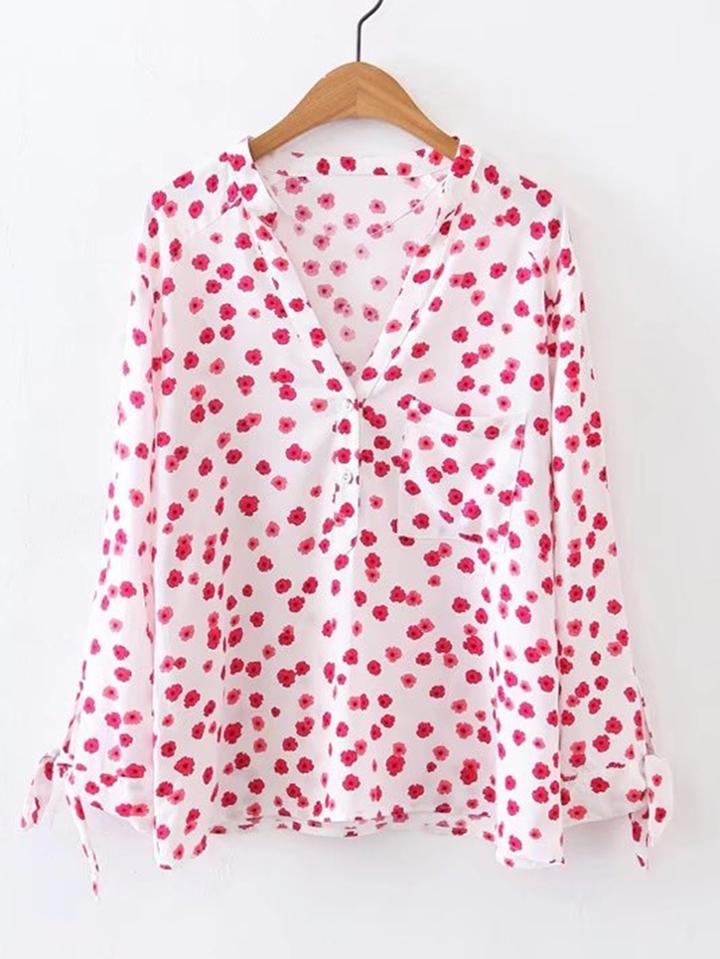 Shein V-cut Tie Cuff Floral Blouse