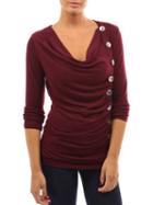 Shein Wine Red Draped Neck Single Breasted T-shirt