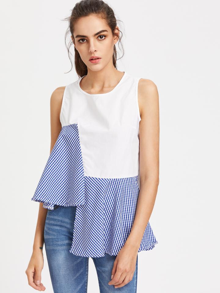 Shein Contrast Gingham Asymmetrical Hem Keyhole Back Top