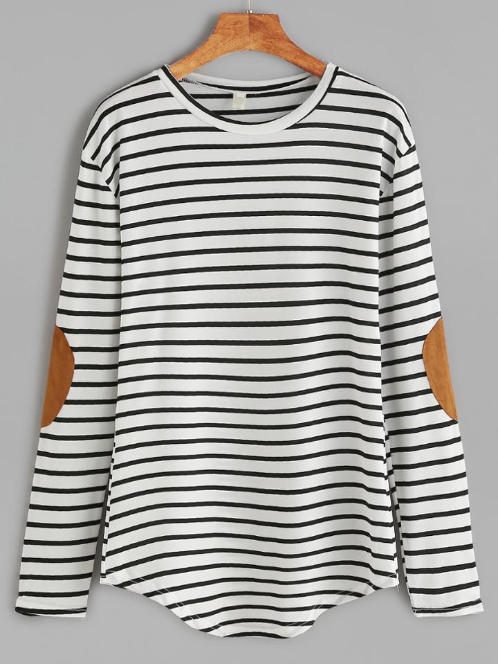 Shein White Elbow Patch Striped T-shirt