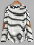 Shein White Elbow Patch Striped T-shirt