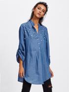 Shein Faux Pearl Yoke Rolled Up Sleeve Shirt