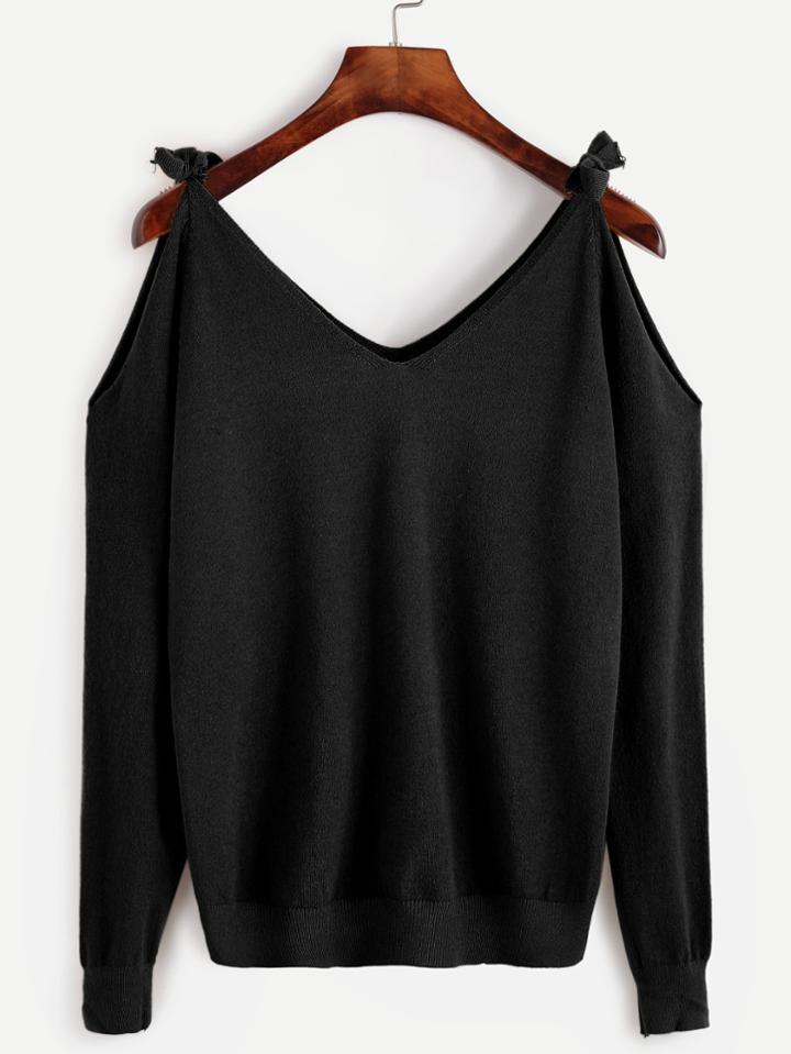Shein Black Tie Cold Shoulder Sweater