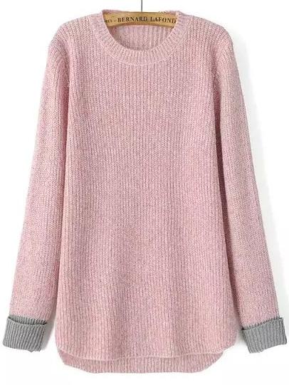 Shein Contrast Cuff Dip Hem Pink Sweater
